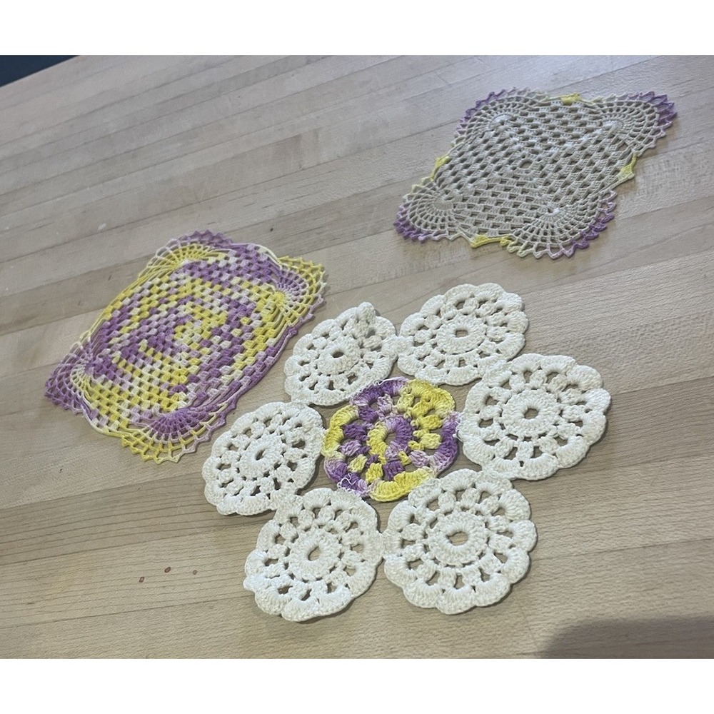3 Vtg Handmade Crochet Doily Coasters W/ Purple & Yellow Flowers 60s Cottagecore